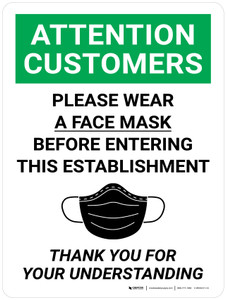Attention Customers: Please Wear A Face Mask Wall Sign