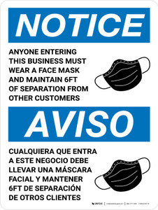 Notice: Anyone Entering This Business Must Wear Face Mask Spanish Bilingual Wall Sign
