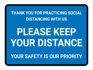 Thank You For Practicing Social Distancing With Us Blue Landscape - Wall Sign