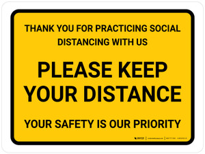 Thank You For Practicing Social Distancing With Us Yellow Landscape - Wall Sign