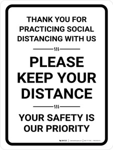 Thank You For Practicing Social Distancing With Us White Portrait - Wall Sign