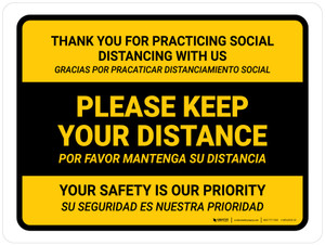 Thank You For Practicing Social Distancing With Us Yellow Bilingual Spanish Landscape - Wall Sign