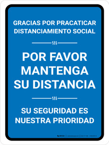 Thank You For Practicing Social Distancing With Us Blue Spanish Portrait - Wall Sign