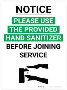Notice Please Use the Provided Hand Sanitizer Before Joining Service with Icon Portrait V2 - Wall Sign