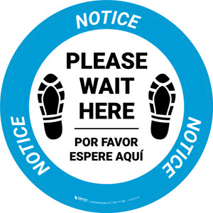 Notice Please Wait Here Bilingual Spanish with Shoe Prints Circular - Floor Sign