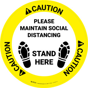 Caution Please Maintain Social Distancing Stand Here with Shoe Prints Circular - Floor Sign