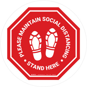 Please Maintain Social Distancing Stand Here with Shoe Prints Stop Circular - Floor Sign