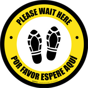 Please Wait Here Bilingual Spanish with Shoe Prints Black Border Circular - Floor Sign