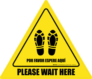 Please Wait Here Bilingual Spanish with Shoe Prints Triangle - Floor Sign