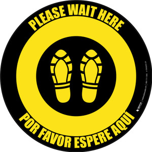Please Wait Here Bilingual with Shoe Prints Yellow/Black Circular - Floor Sign