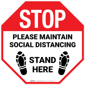 STOP Please Maintain Social Distancing Stand Here with Shoe Prints Stop - Floor Sign