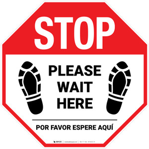 STOP Please Wait Here Bilingual Spanish with Shoe Prints Stop - Floor Sign