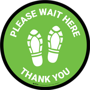 Please Wait Here Thank You with Shoe Prints Green Circular - Floor Sign