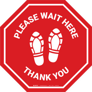 Please Wait Here Thank You with Shoe Prints Stop - Floor Sign