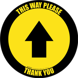 This Way Please Thank You with Arrow Yellow/Black Border Circular - Floor Sign