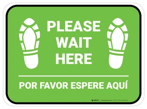 Please Wait Here Bilingual Spanish with Shoe Prints Green Rectangle - Floor Sign