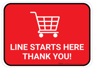 Line Starts Here Thank you with Shopping Cart Red Rectangle - Floor Sign
