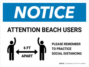 Notice Attention Beach Users Social Distancing Landscape - Wall Sign