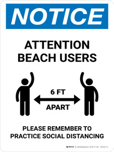Notice Attention Beach Users Social Distancing Portrait - Wall Sign