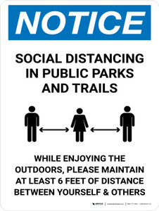 Notice Social Distancing In Public Parks And Trails Portrait - Wall Sign