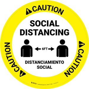 Caution: Social Distancing Bilingual Spanish with Icon Circular - Floor Sign
