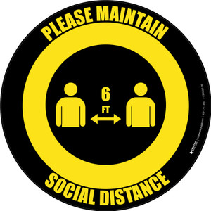 Please Maintain Social Distancing with Icon Black/Yellow Circular - Floor Sign
