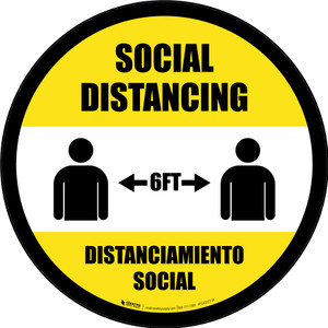 Social Distancing Bilingual Spanish with Icon Black Border Circular - Floor Sign