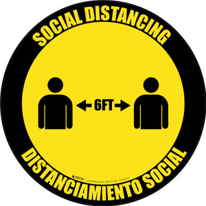 Social Distancing Bilingual Spanish with Icon Yellow/Black Border Circular - Floor Sign