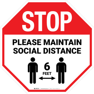 STOP Please Maintain Social Distance with Icon Stop - Floor Sign