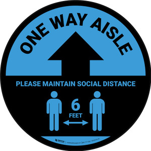 One Way Aisle - Please Maintain Social Distance with Icon Blue Circular - Floor Sign