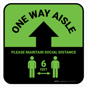 One Way Aisle - Please Maintain Social Distance with Icon Green Square - Floor Sign