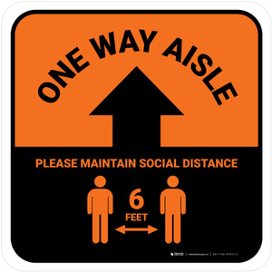 One Way Aisle - Please Maintain Social Distance with Icon Orange Square - Floor Sign