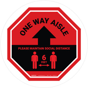 One Way Aisle - Please Maintain Social Distance with Icon Stop Circular - Floor Sign