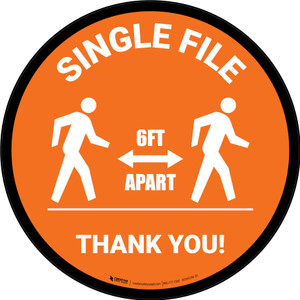 Single File 6 Ft Apart with Icon Orange Circular - Floor Sign