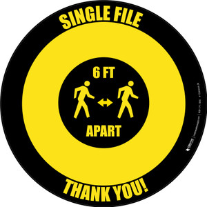 Single File 6 Ft Apart with Icon Yellow/Black Circular - Floor Sign