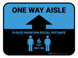 One Way Aisle - Please Maintain Social Distance with Icon Blue Rectangle - Floor Sign