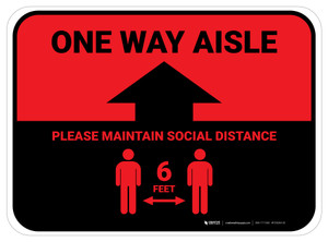 One Way Aisle - Please Maintain Social Distance with Icon Red Rectangle - Floor Sign