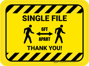 Single File 6 Ft Apart with Icon Hazard Stripes Rectangle - Floor Sign