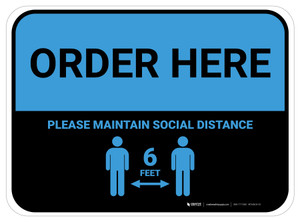 Order Here: Social Distance with Icon Blue Rectangle - Floor Sign