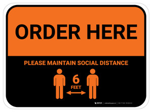 Order Here: Social Distance with Icon Orange Rectangle - Floor Sign