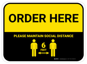 Order Here: Social Distance with Icon Yellow Rectangle - Floor Sign