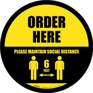 Order Here: Social Distance with Icon Black Border Circular - Floor Sign