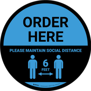 Order Here: Social Distance with Icon Blue Circular - Floor Sign