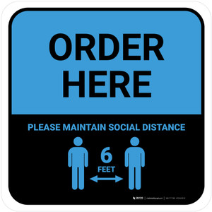 Order Here: Social Distance with Icon Blue Square - Floor Sign