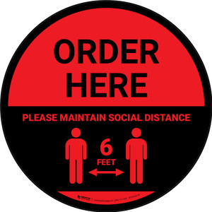 Order Here: Social Distance with Icon Red Circular - Floor Sign