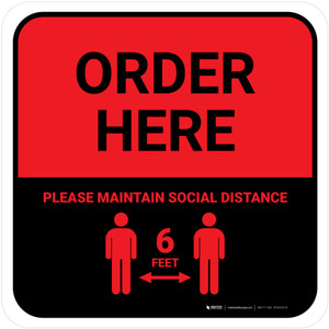 Order Here: Social Distance with Icon Red Square - Floor Sign