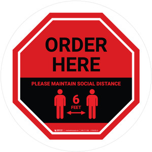 Order Here: Social Distance with Icon Stop Circular - Floor Sign