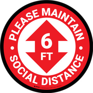 Please Maintain Social Distance with Arrow Red/White Circular - Floor Sign