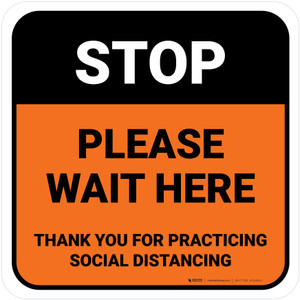 Stop: Please Wait Here Social Distancing Orange Square - Floor Sign