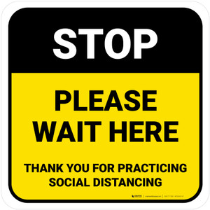 Stop: Please Wait Here Social Distancing Yellow Square - Floor Sign